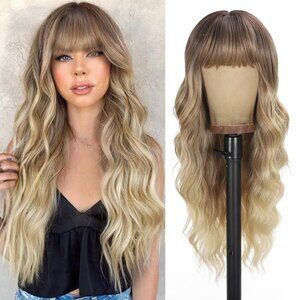 Wig with Bangs Long Wavy Wig for Women Synthetic Curly Wigs Hair Replacement Wig